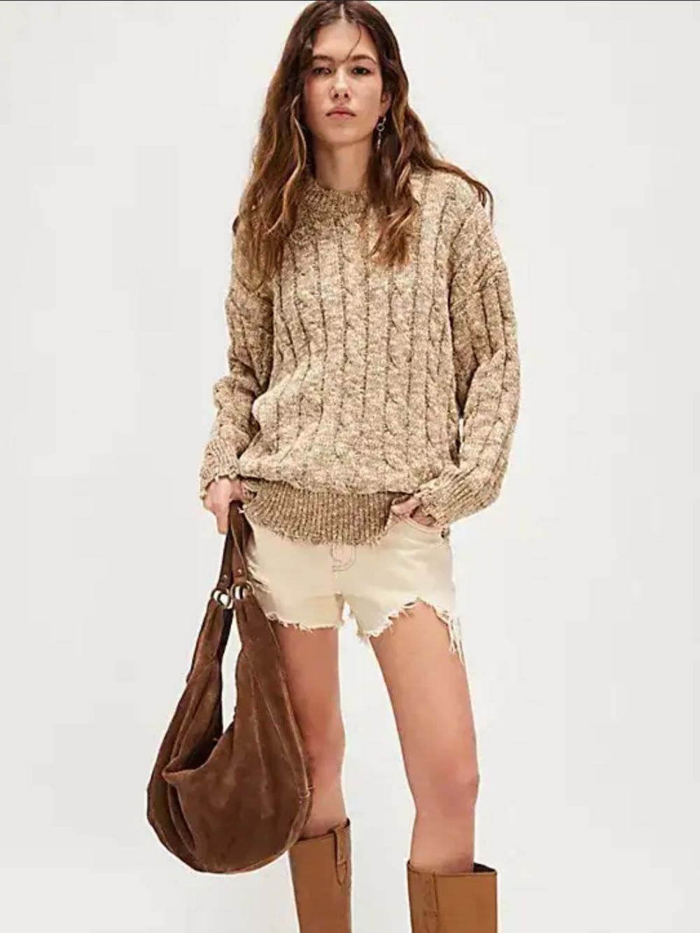 Denimist Oversized Cable Sweater in Tan Marled | XS